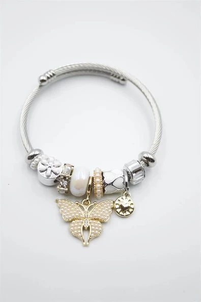 LitaeTrend Çelik Charmlı Kelebek Bileklik - Beyaz ürün görseli