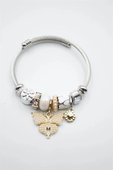 LitaeTrend Çelik Charmlı Kelebek Bileklik - Beyaz - Resim 2