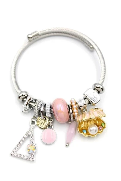 LitaeTrend Çelik Charmlı İncili Deniz Kabuğu Bilezik - Pembe - Resim 2