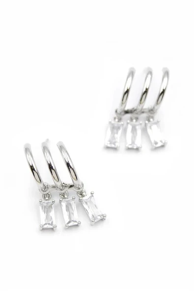 LitaeTrend Büyük Baget Taşlı Küpe - Gümüş - 2