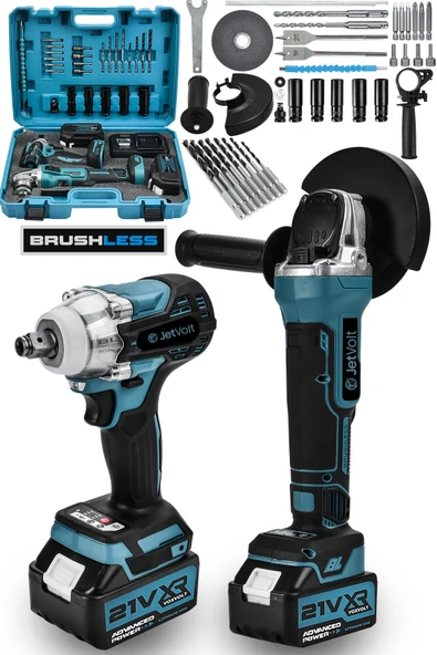 JetVolt 21V 2.0Ah Şarjlı Somun Sıkma Sökme Darbeli 450Nm + Şarjlı Taşlama 125mm Kömürsüz Profesyonel 2'li Set - Mavi ürün görseli 1