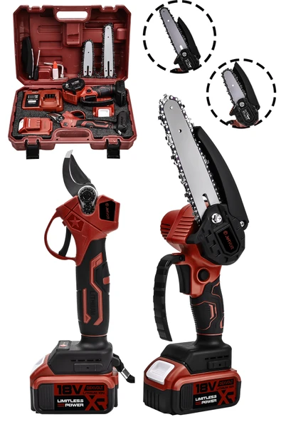 JetVolt 2'Li Set 18V 1.5Ah Çift Akülü Çelik Şanzıman Şarjlı Dal Budama & Testeresi - Kırmızı ürün görseli 1