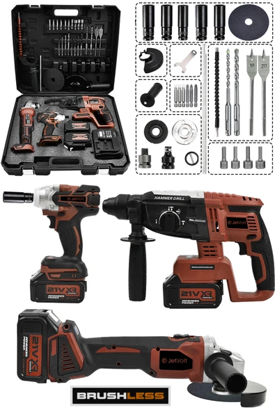 JetVolt 21V 2.0Ah 3 Lü Set Şarjlı Matkap Hilti 2-26mm 450Nm Torklu Vidalama Somun Sıkma Şarjlı Taşlama 125mm - Kırmızı ürün görseli 1