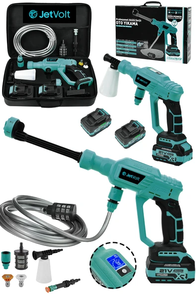 JetVolt 21V 2.0Ah Kömürsüz Motor Yüksek Basınçlı Akülü Oto Araba Yıkama Makinesi Şarjlı - Mavi - 1