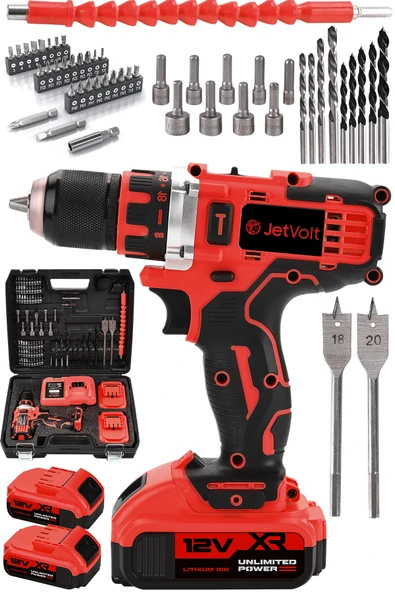 JetVolt 12V 2.0Ah Şarjlı Matkap Metal Şanzıman Bakır Sargılı Çift Akülü 84 Parça Set - Kırmızı - 1