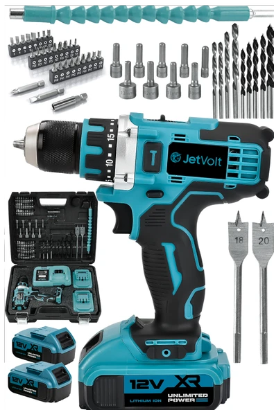 JetVolt 12V 2.0Ah Şarjlı Matkap Metal Şanzıman Bakır Sargılı Çift Akülü 84 Parça Set - Mavi ürün görseli 1