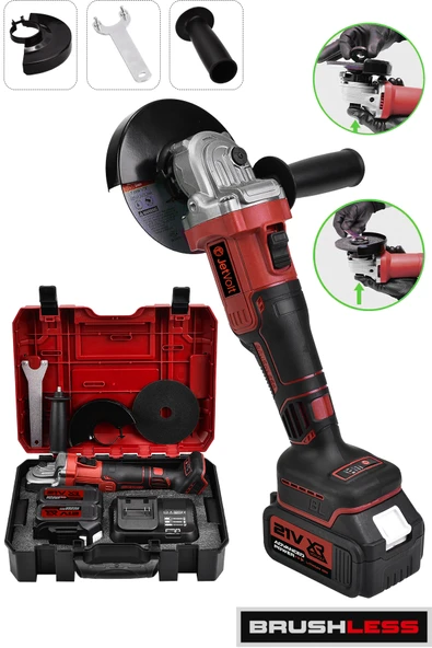 JetVolt Profesyonel 21V 2.0Ah Çift Akülü 10 Pilli 125mm Kömürsüz Şarjlı Taşlama - Kırmızı - 1