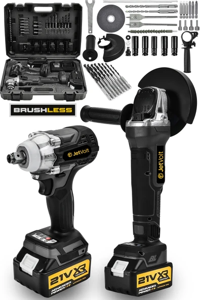 JetVolt 21V 2.0Ah Şarjlı Somun Sıkma Sökme Darbeli 450Nm + Şarjlı Taşlama 125mm Kömürsüz Profesyonel 2'li Set - Siyah ürün görseli 1