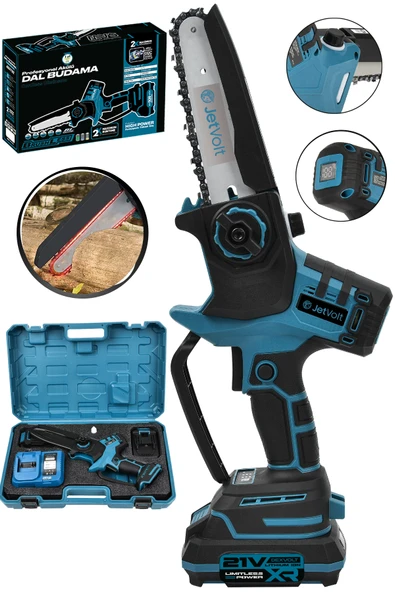 JetVolt 21V Şarjlı 15cmPala Otomatik Yağlamalı Dal Budama Makinesi Testeresi Kesim Motoru - Mavi ürün görseli 1