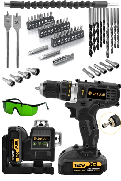 JetVolt Çift Akülü 12 Köşe 360° Otomatik Hizalamalı Lazer Metre ve Çelik Mandren 84 Parça Şarjlı Matkap - Siyah - 1