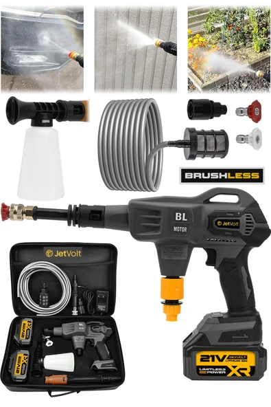 JetVolt 21V Kömürsüz Motor Yüksek Basınçlı Akülü Oto Araba Yıkama Makinesi Şarjlı - Siyah ürün görseli