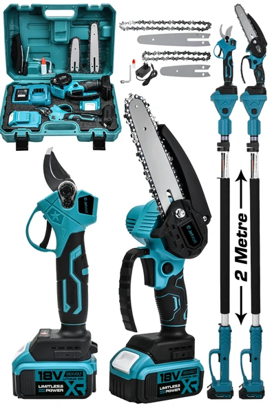 JetVolt 2'li Süper Set Çift Akülü Teleskopik Kollu Bağ Makası ve Budama Testeresi Makinesi - Mavi ürün görseli 1