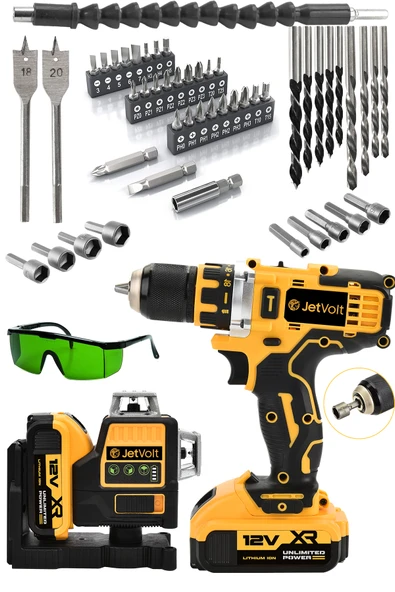 JetVolt Çift Akülü 12 Köşe 360° Otomatik Hizalamalı Lazer Metre ve Çelik Mandren 84 Parça Şarjlı Matkap - Sarı ürün görseli 1