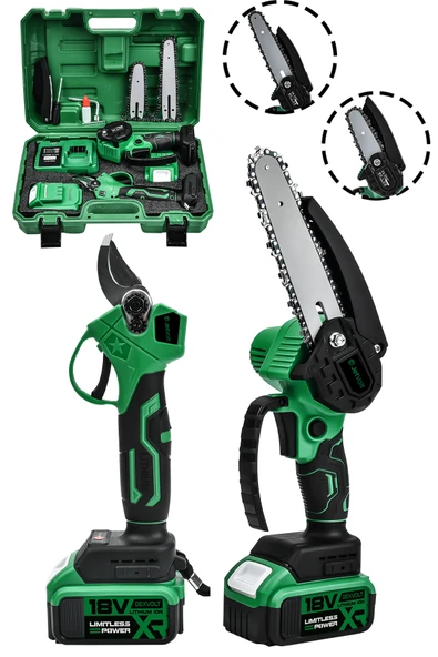 JetVolt 2'Li Set 18V 1.5Ah Çift Akülü Çelik Şanzıman Şarjlı Dal Budama & Testeresi - Yeşil ürün görseli 1