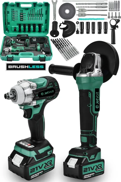 JetVolt 21V 2.0Ah Şarjlı Somun Sıkma Sökme Darbeli 450Nm + Şarjlı Taşlama 125mm Kömürsüz Profesyonel 2'li Set - Yeşil ürün görseli 1