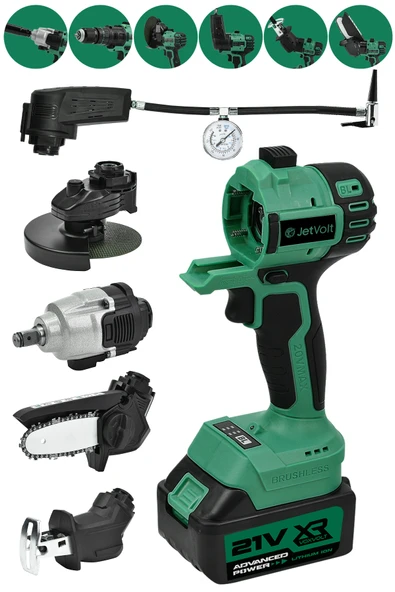 JetVolt 6'Lı Muhteşem Set Hava Pompası Şarjlı Matkap Testere Tilki Kuyruğu Taşlama Somun Sökme - Yeşil ürün görseli 1