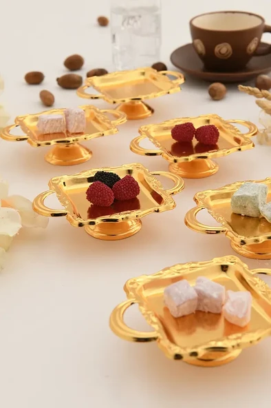 Mucit Home Mini Kulplu Kare Model Ayaklı lokumluk 6'lı Takım Gold - Resim 6