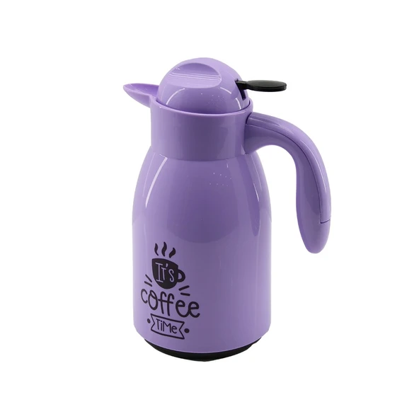 1LT İÇİ CAM LİLA - KAHVE YAZILI PENGUEN PLASTİK TERMOS (5250)