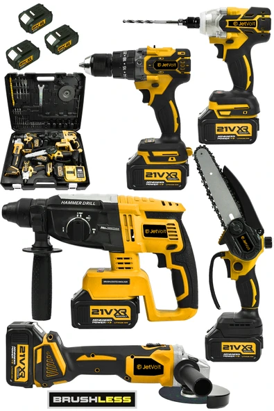 JetVolt 21V 2.0Ah Kömürsüz Darbeli 5'li Set Şarjlı Hilti + Taşlama + Somun Sıkma + Akülü Vidalama + Budama Testeri - Sarı ürün görseli 1