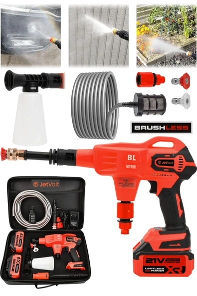JetVolt 21V Kömürsüz Motor Yüksek Basınçlı Akülü Oto Araba Yıkama Makinesi Şarjlı - Kırmızı ürün görseli