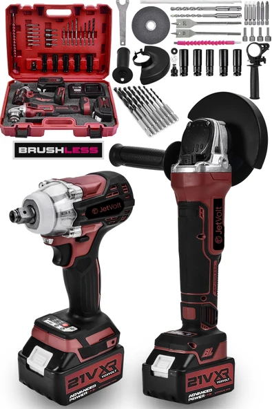 JetVolt 21V 2.0Ah Şarjlı Somun Sıkma Sökme Darbeli 450Nm + Şarjlı Taşlama 125mm Kömürsüz Profesyonel 2'li Set - Kırmızı ürün görseli 1