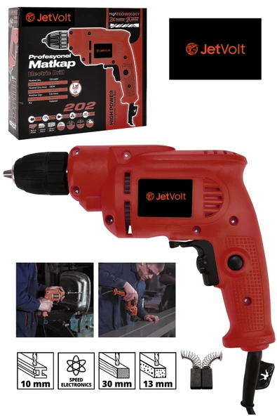 JetVolt 240V 60Hz Profesional 580W Metal Şanzıman 10mm Elektrikli Matkap - Kırmızı - 1