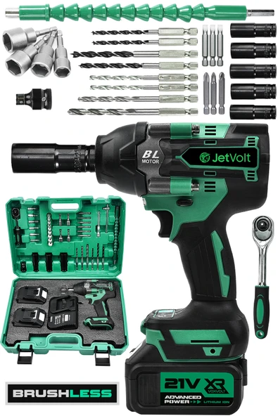 JetVolt 21V 2.0Ah Akülü Vidalama Darbeli Kömürsüz Motor 800Nm 10 Pilli Bijon Somun Sökme Sıkma - Yeşil - 1