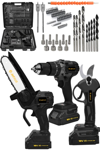 JetVolt 3 lü Set Kömürsüz Motor Çift Akülü Şarjlı Matkap Şarjlı Budama Makası Şarjlı Budama Testeresi - Siyah ürün görseli 1