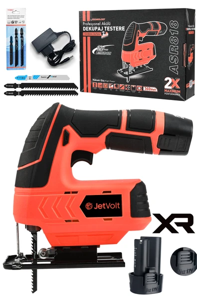 JetVolt Profesyonel Çift Akülü 12 Volt Li-ion Şarjlı Dekupaj Testere - Kırmızı ürün görseli 1