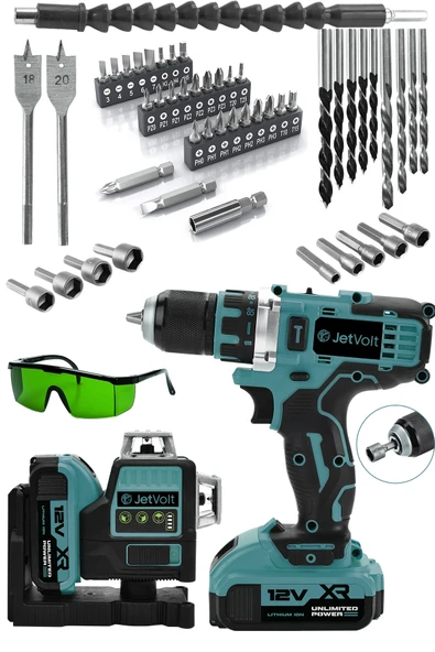 JetVolt Çift Akülü 12 Köşe 360° Otomatik Hizalamalı Lazer Metre ve Çelik Mandren 84 Parça Şarjlı Matkap - Mavi - 1
