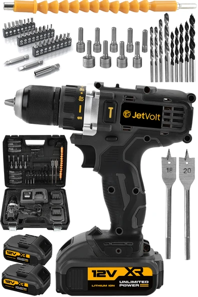 JetVolt 12V 2.0Ah Şarjlı Matkap Metal Şanzıman Bakır Sargılı Çift Akülü 84 Parça Set - Siyah - 1