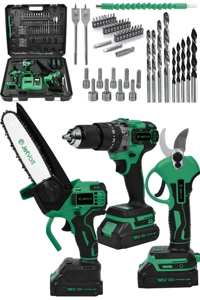 JetVolt 3 lü Set Kömürsüz Motor Çift Akülü Şarjlı Matkap Şarjlı Budama Makası Şarjlı Budama Testeresi - Yeşil ürün görseli 1