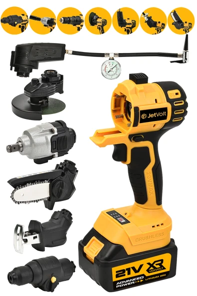 JetVolt 7 Başlıklı Set Taşlama Somun Sıkma Tilki Kuyruğu Dal Budama Akülü Vidalama Hava Pompası Hilti - Sarı ürün görseli 1