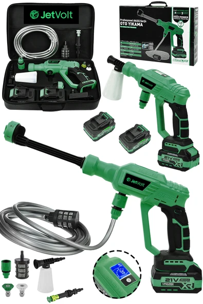 JetVolt 21V 2.0Ah Kömürsüz Motor Yüksek Basınçlı Akülü Oto Araba Yıkama Makinesi Şarjlı - Yeşil ürün görseli