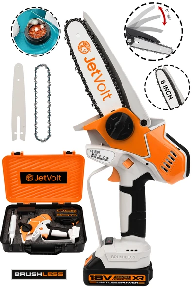 JetVolt Extra Power Kömürsüz Motor Şarjlı El Testeresi Ağaç Odun Dal Kesme Budama Mavi - Turuncu ürün görseli