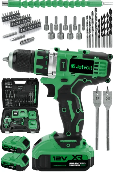 JetVolt 12V 2.0Ah Şarjlı Matkap Metal Şanzıman Bakır Sargılı Çift Akülü 84 Parça Set - Yeşil - 1