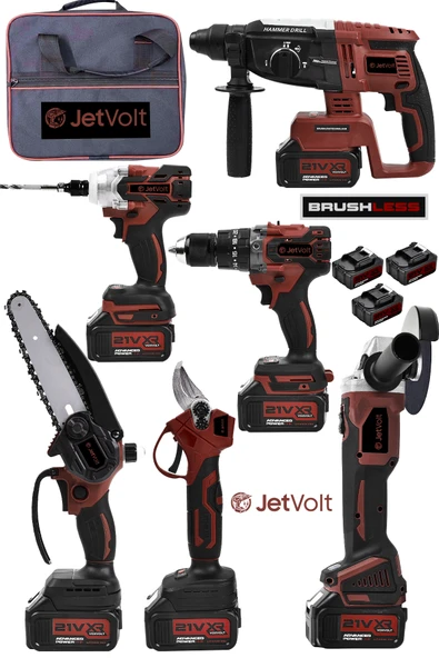 JetVolt Profesyonel 21V 2.0Ah Bez Çantalı Kömürsüz Darbeli 6'lı Set - Kırmızı ürün görseli 1
