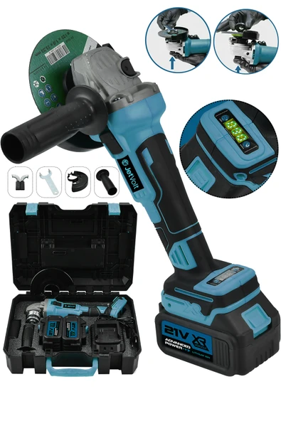 JetVolt Profesyonel 21V 2.0Ah Çift Akülü 10 Pilli Kömürsüz Şarjlı 125mm Avuç Taşlama - Mavi - 1