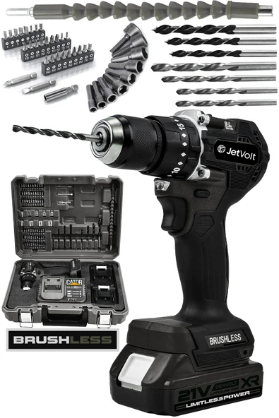 JetVolt 21V 2.0Ah Kömürsüz Motor Çelik Mandren Darbeli Şarjlı Matkap - Siyah ürün görseli 1