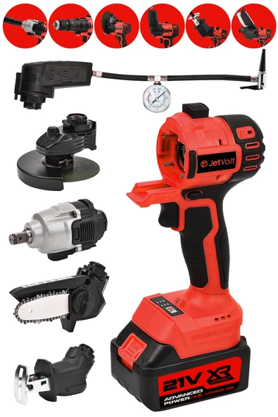 JetVolt 6'Lı Muhteşem Set Hava Pompası Şarjlı Matkap Testere Tilki Kuyruğu Taşlama Somun Sökme - Kırmızı ürün görseli 1