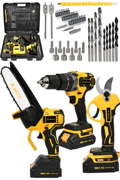 JetVolt 3 lü Set Kömürsüz Motor Çift Akülü Şarjlı Matkap Şarjlı Budama Makası Şarjlı Budama Testeresi - Sarı ürün görseli 1