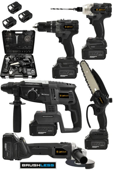 JetVolt 21V 2.0Ah Kömürsüz Darbeli 5'li Set Şarjlı Hilti + Taşlama + Somun Sıkma + Akülü Vidalama + Budama Testeri - Siyah ürün görseli 1