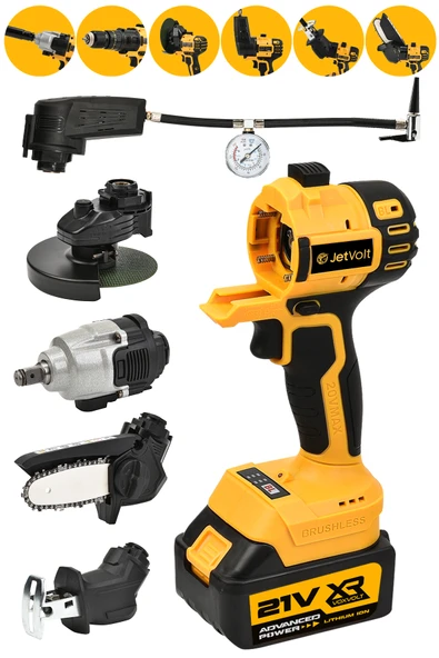 JetVolt 6'Lı Muhteşem Set Hava Pompası Şarjlı Matkap Testere Tilki Kuyruğu Taşlama Somun Sökme - Sarı ürün görseli 1