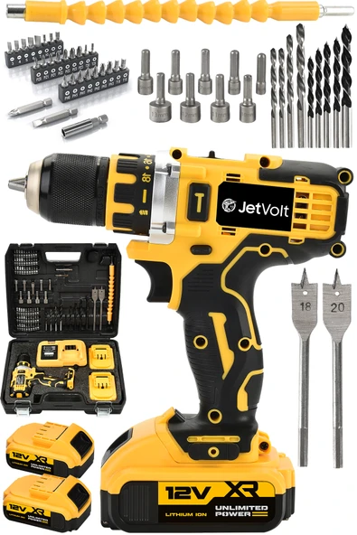 JetVolt 12V 2.0Ah Şarjlı Matkap Metal Şanzıman Bakır Sargılı Çift Akülü 84 Parça Set - Sarı ürün görseli 1