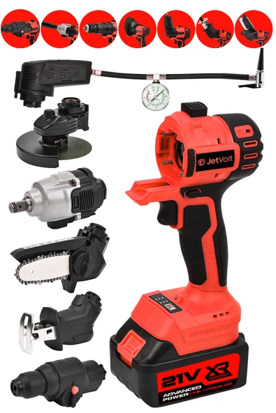 JetVolt 7 Başlıklı Set Taşlama Somun Sıkma Tilki Kuyruğu Dal Budama Akülü Vidalama Hava Pompası Hilti - Kırmızı - 1