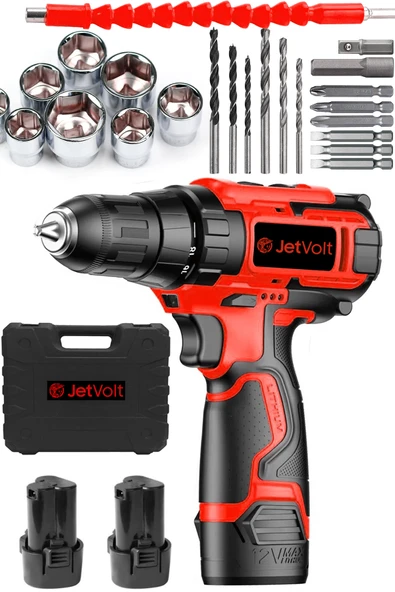 JetVolt 12V 1.5Ah Şarjlı Matkap 24 Parça - Kırmızı ürün görseli 1