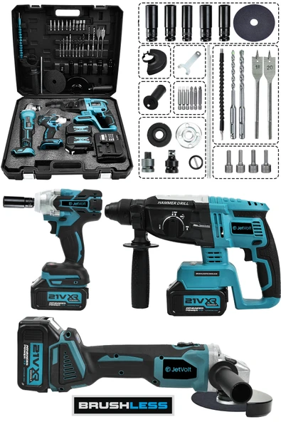 JetVolt 21V 2.0Ah 3 Lü Set Şarjlı Matkap Hilti 2-26mm 450Nm Torklu Vidalama Somun Sıkma Şarjlı Taşlama 125mm - Mavi - 1