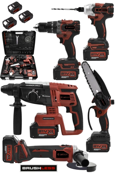 JetVolt 21V 2.0Ah Kömürsüz Darbeli 5'li Set Şarjlı Hilti + Taşlama + Somun Sıkma + Akülü Vidalama + Budama Testeri - Kırmızı ürün görseli 1
