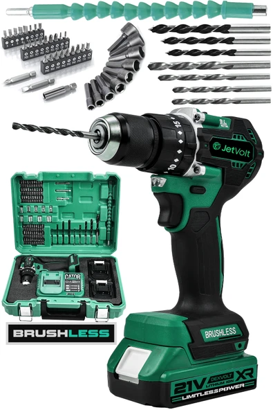 JetVolt 21V 2.0Ah Kömürsüz Motor Çelik Mandren Darbeli Şarjlı Matkap - Yeşil ürün görseli 1