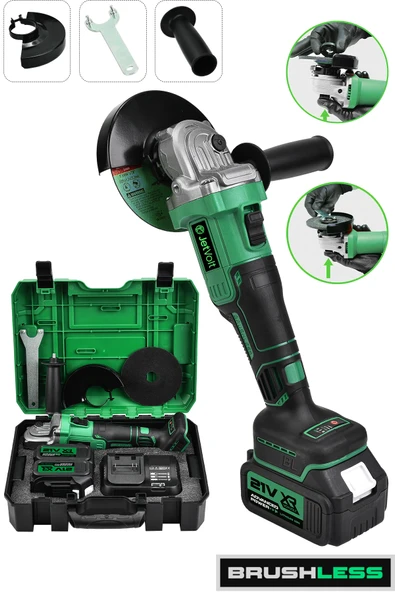 JetVolt Profesyonel 21V 2.0Ah Çift Akülü 10 Pilli 125mm Kömürsüz Şarjlı Taşlama - Yeşil - 1